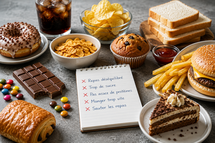 Assortiment de produits ultra-transformés et d'aliments sucrés comme des viennoiseries, des céréales, des chips, un soda, un burger et des frites, illustrant les habitudes alimentaires qui favorisent un retour rapide de la faim.