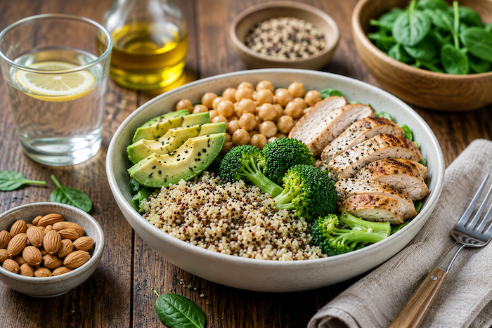 Assiette équilibrée composée de quinoa, poulet grillé, brocolis, avocat et pois chiches, accompagnée d'amandes, illustrant un repas naturellement rassasiant.