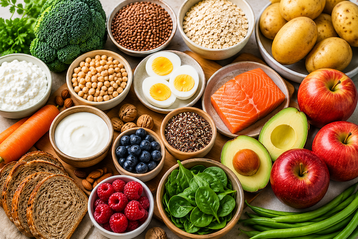 Assortiment d'aliments naturellement rassasiants comprenant des œufs, du saumon, des flocons d'avoine, des pommes de terre, des légumineuses, des fruits, des légumes, du yaourt nature et des oléagineux.