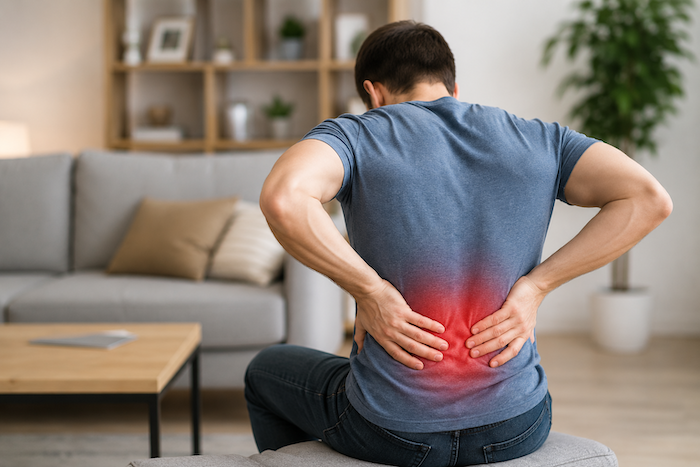 Personne se tenant le bas du dos après un faux mouvement, illustrant une douleur lombaire d'origine musculaire.