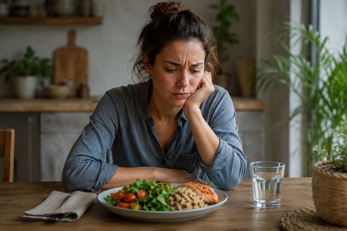 une femme pensive devant son assiette car elle a encore faim après manger