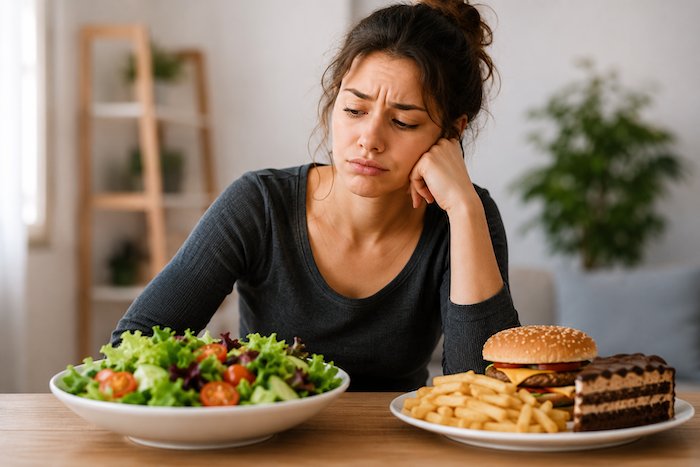 Personne hésitant entre une alimentation équilibrée et un repas riche, illustrant les causes d'une faim permanente
