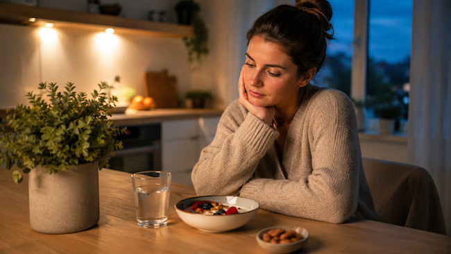 une femme pensive devant une assiette pleine le soir